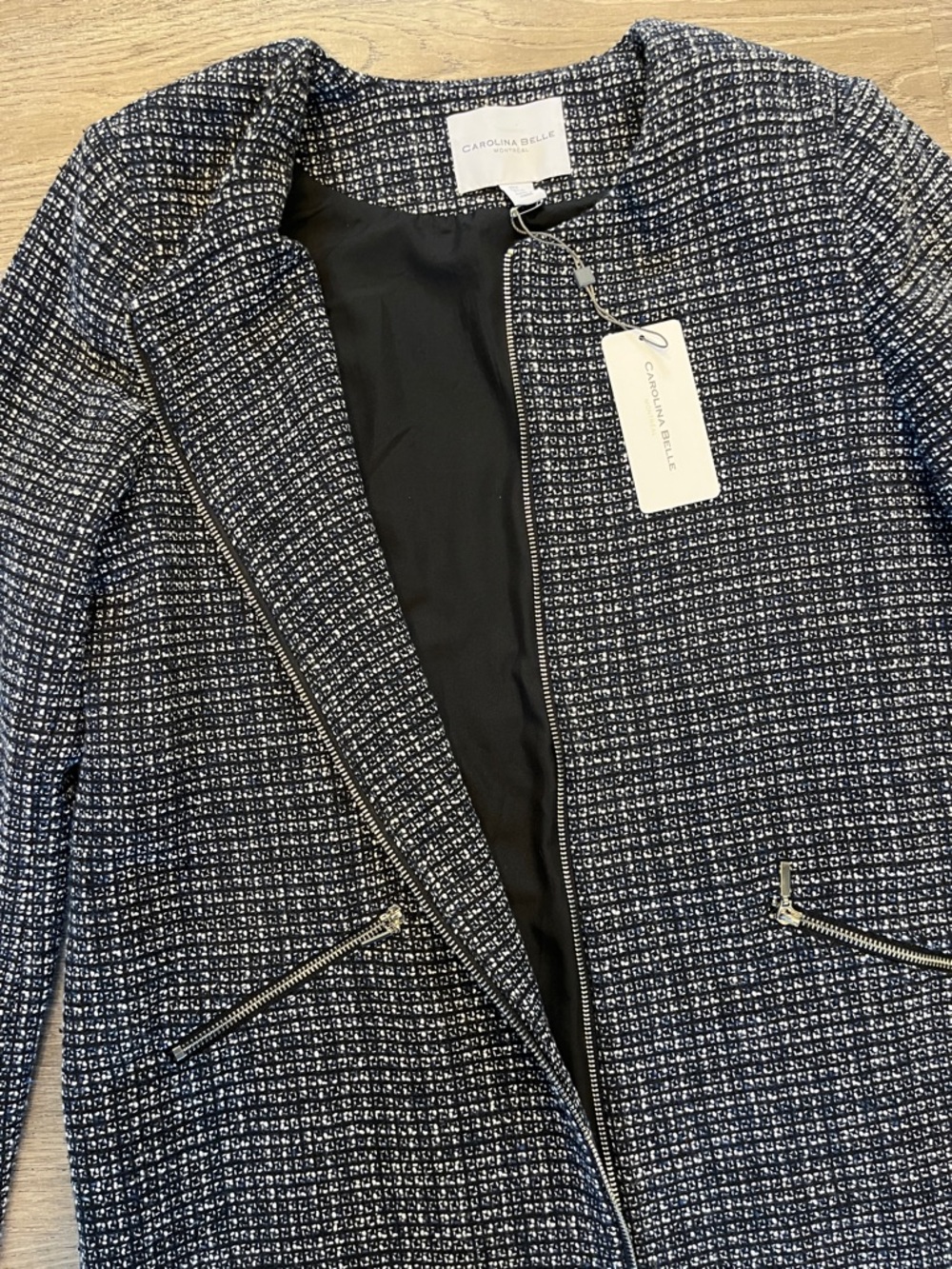 Carolina Belle Blue, Black and White Tweed Zip Jacket Size L